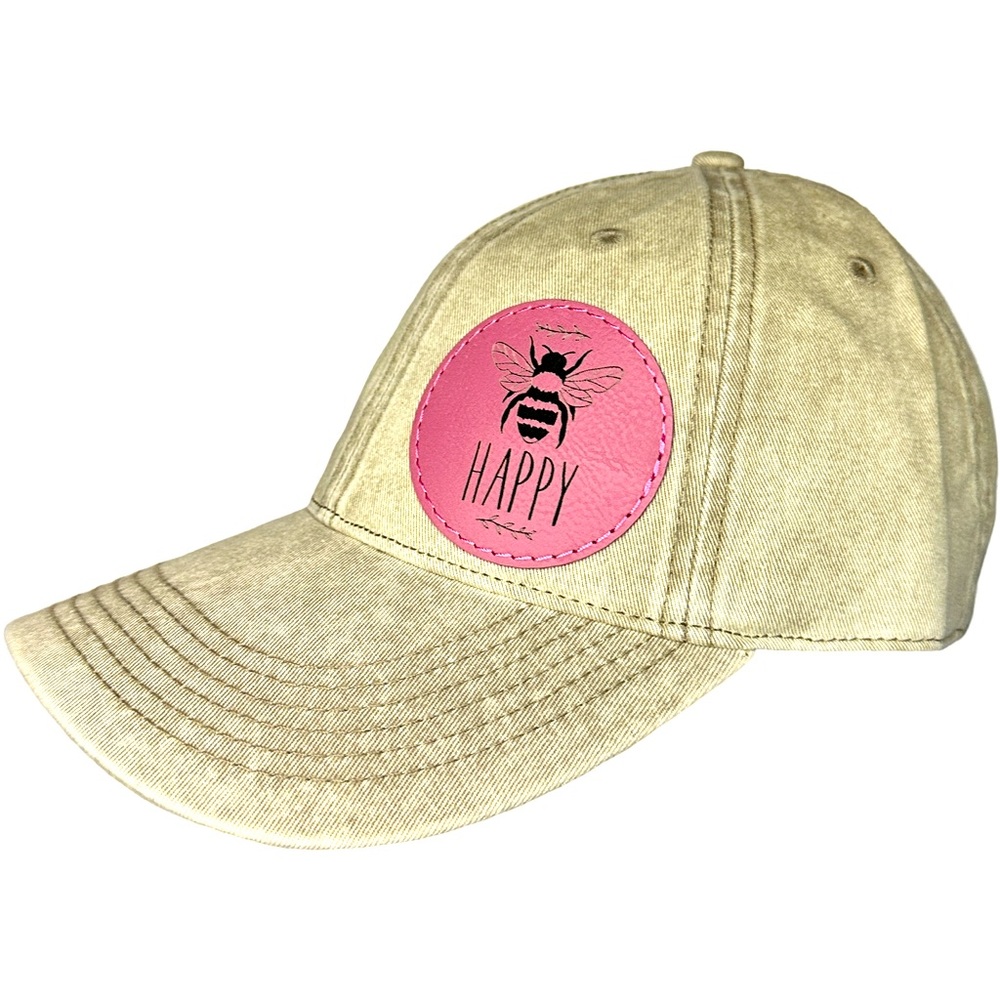 Bee Happy Engraved Patch on a Richardson 382 Unisex Baseball Cap -Bee Pun -khaki